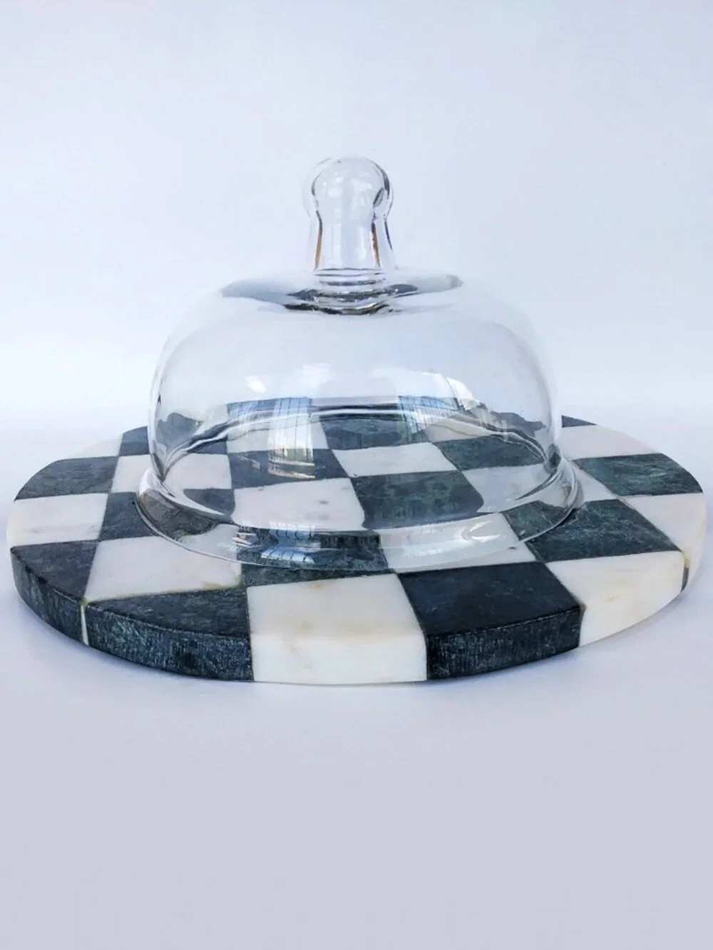Glass Cloche with Marble Checkerboard Base